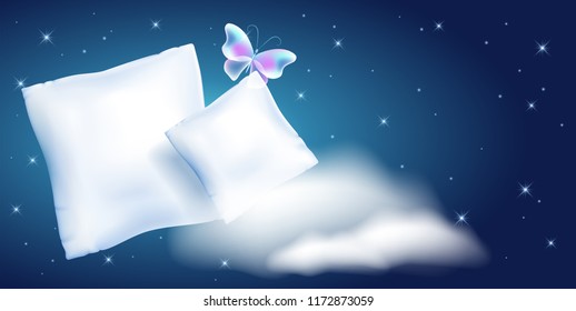 Two white feather pillow for sleeping against the starry night sky and cloud