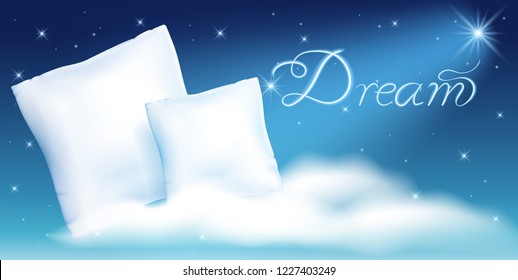 Two white feather pillow for sleeping against the starry night sky and cloud