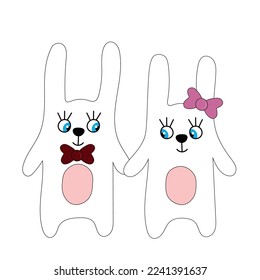 Two white funny hares on a white background, couple, flat vector, isolate on white