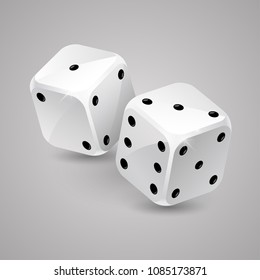 Two white game dices on grey background. Casino gambling. Craps table. Jpg include isolated path