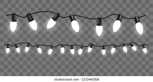 Two white garlands with big and small light bulbs. Festive decorations. Realistic illustration.