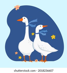 Two white geese in polka-dot scarves on a blue background with flowers. Illustration of cute farm animals for kids. Vector funny print with goose. Poster for children's room decor.