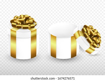 Two white gift boxes with gold ribbon. Open and closed boxes. Realistic illustration EPS10