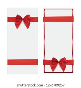 Two white gift card, banner or poster templates with red ribbon and a bow. Vector illustration.