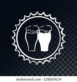 two white glasses with foam of delicious beer in a frame of bottle cap on a translucent dark background. Vector illustration.