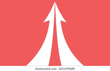 Two white half arrows coming together and merging, forming a single arrow on a background.