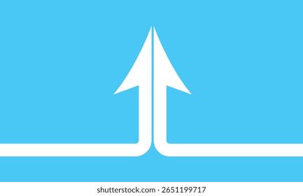 Two white half arrows coming together and merging, forming a single arrow on a background.