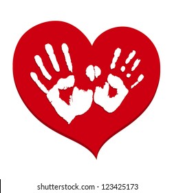 Two white handprints on a red heart.