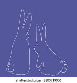 Two white hares are sitting with their backs on the snow. Vector illustration in the contour style on a lilac background