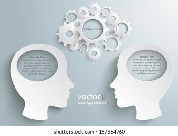 Two white heads with gears the grey background. Eps 10 vector file.