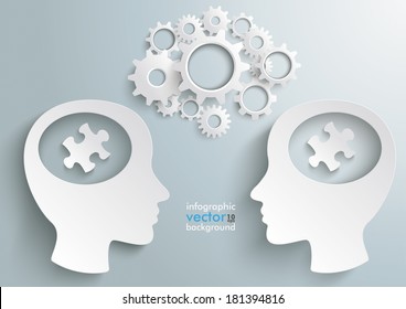 Two white heads with gears and puzzle pieces on the grey background. Eps 10 vector file.