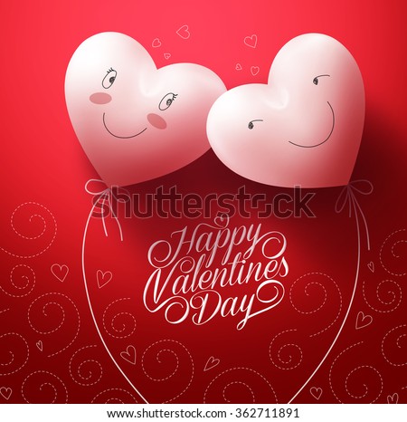 Two White Hearts Inlove with Happy Face for Valentines day Greetings Card with Pattern Red Background. Vector Illustration
