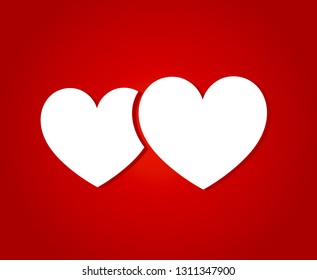 Two white hearts on red background, Valentine card. Vector illustration.