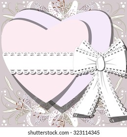 Two white hearts tied by ribbon with bow on background of blossoming lilia flowers