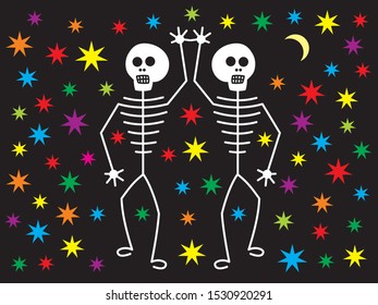 Two white human skeleton on the background of colorful stars and the moon. Horror for Halloween. Vector art graphic.