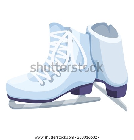 Two white ice skates with laces, flat graphic style, isolated on white background. Concept of winter sports and recreational skating. Vector illustration