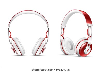 Two white and isolated realistic wireless headphones set for site design or presentation vector illustration