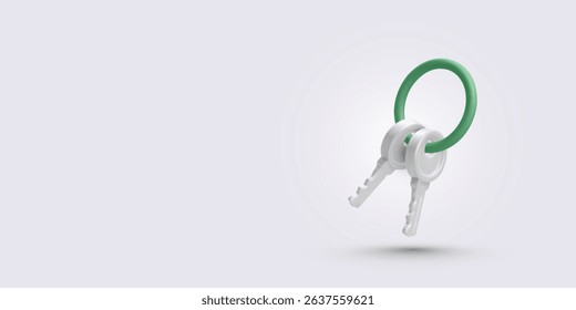 Two White Keys Hanging on Green Ring. Minimal Abstract Security Concept Representing Access, Privacy, or Property. Floating Object with Smooth Surface. Vector Illustration.