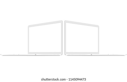 Two white laptops with perspective 3/4 side views. Responsive blank screens to display web-site design. Vector illustration