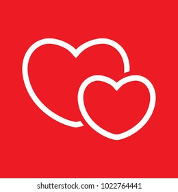 Two white lined hearts icon concept, simple clear amour clipart / element for app, logo, ui, ux button, web interface, glyphs flat design style illustration vector eps 10 isolated on red background