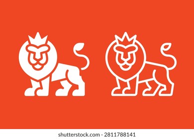 Two white lions standing side by side with crowns on red background