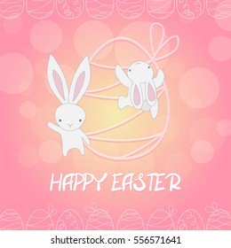 Two white little baby Easter rabbit festive greeting card in pastel colors. Funny bunny climbing on Easter egg and say welcome. Vector illustration Happy Easter, cartoon hand drawn character.