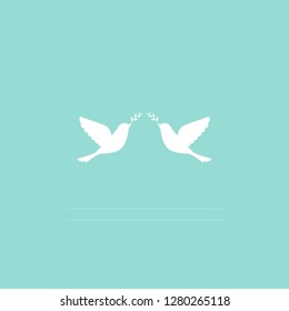 Two white little birds with sprigs on light turquoise background with lines for text.  Peace vector illustration.  International Peace day greeting card.