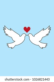 Two white love birds and a heart symbol, can be a valentine or wedding symbol or card design