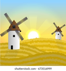 Two white mills on a wheat field in the sun. Dawn at the time of harvest. Thanksgiving Day. Autumnal vector landscape can be used in newsletter, brochures, postcards, banner.