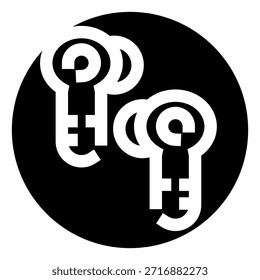 Dos llaves minimalistas blancas que representan el acceso y la seguridad, dispuestas dentro de un icono circular negro, que simbolizan el cifrado digital, la protección y la información confidencial