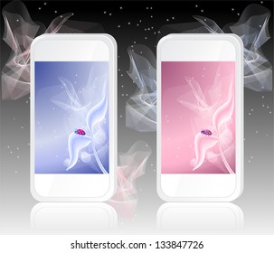 Two white mobile phones  with abstract  blue pink Backgrounds  with  ladybird