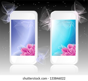 Two white mobile phones  with flowers  Backgrounds   in  blue and marine colors
