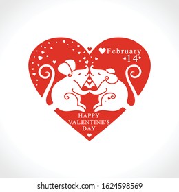 Two white mouse in love with a big red heart. Paper cut festive pattern. Big Heart. Happy Valentine's Day . Valentines day holidays typography print, postcard, t-shirt and more. Vector illustration
