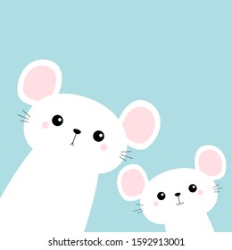 Two white mouse set in the corners. Cute cartoon funny kawaii baby character. Happy New Year 2020 sign symbol. Merry Christmas. Flat design. Blue winter background. Vector illustration