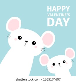 Two white mouse set in the corners. Cute cartoon funny kawaii baby character. Happy New Year 2020 sign symbol. Merry Christmas. Flat design. Blue winter background. Vector illustration