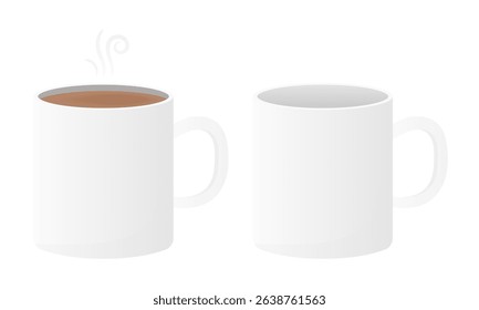 Two white mugs, one filled with hot drink and the other empty, vector eps10 illustration