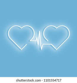 Two white neon hearts are connected between them by a cardiogram on a blue background. 