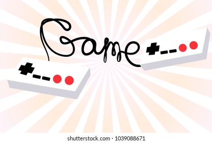 Two white old retro hipster joystick manipulators remotes from the 80's, 90's for video game consoles and an inscription game written by a wire against a background of orange rays. Vector illustration