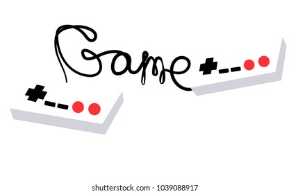 Two white old retro hipster joysticks manipulating consoles from the 80's, 90's for video games consoles and inscription game written by wire on a white background. Vector illustration