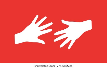 Dos manos abiertas blancas que se alcanzan una hacia la otra sobre un fondo rojo