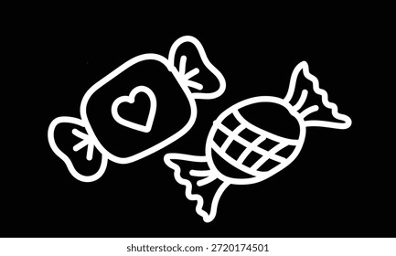 Two white outline illustrations of candies on a black background, one with a heart design and the other with a criss-cross pattern, representing sweets or treats.