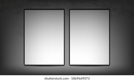 Two white paintings with a black frame are hanging on a concrete wall. Gray concrete wall. Realistic banner for your design. Vector.