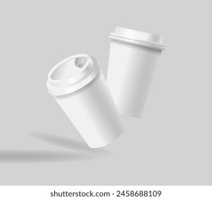 Two White Paper Coffee Cups Floating Against Gray Background. Realistic 3d Vector Mugs Mockup with Minimalist Design