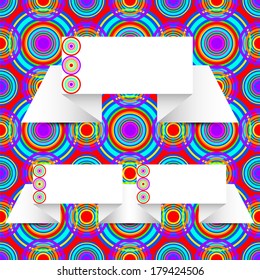 Two white paper ribbons with circle pattern on the color seamless circle pattern