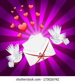 Two white a pigeon is carried envelope to the day of saint Valentine, vector illustration