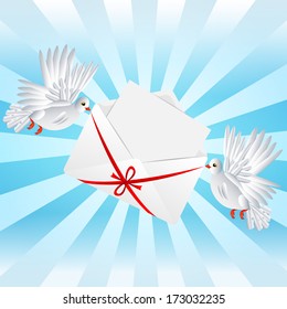 Two white a pigeon is carried envelope with the clean sheet of paper to the day of saint Valentin, vector illustration