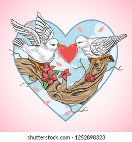 two white pigeons are making love and holding love hearts on branches