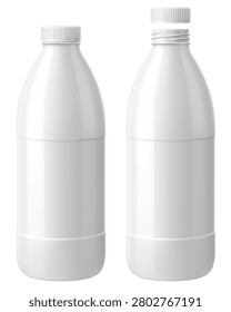 Two white Plastic bottles with an open and closed lid Template. For kefir, milk, yogurt and other beverages. Blank Packaging Isolated On White Background. Realistic 3d vector illustration.