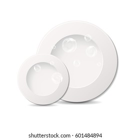 Two white plates isolated on white background with transparency bubbles