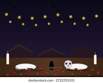Two white plates rest on a wooden table with a skull in the center. Candles sit on either side and rose petals scatter across the surface. The night sky has lights above.